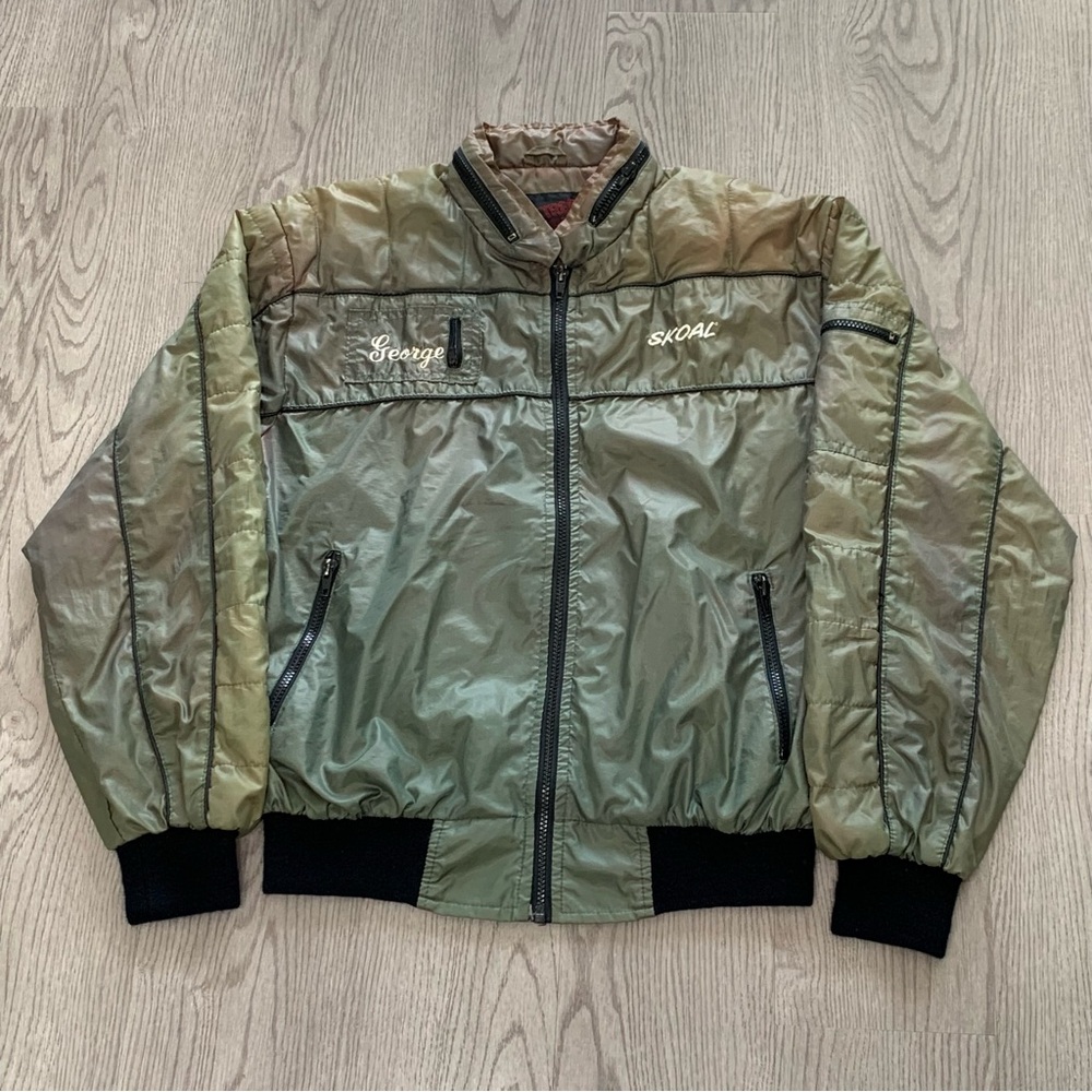 Vintage 80s Skoal Green Racing Jacket XL Boxy Stowaway Hood